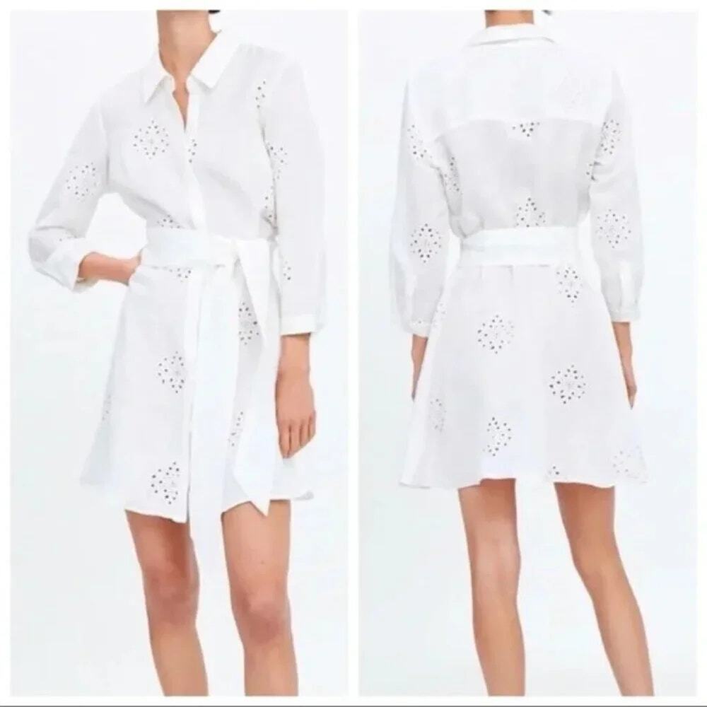 Zara Eyelet 3/4 Sleeve Button Down Belted Mini Shirt Cream Women's Medium NWT